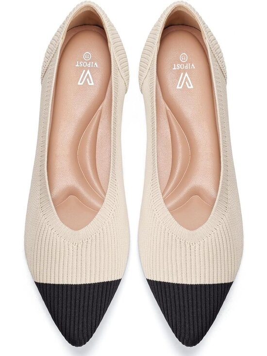 Shoes - Women's Beige Black Pointed Toe Comfort Foldable Slip On Knit Ballet Flat Shoes